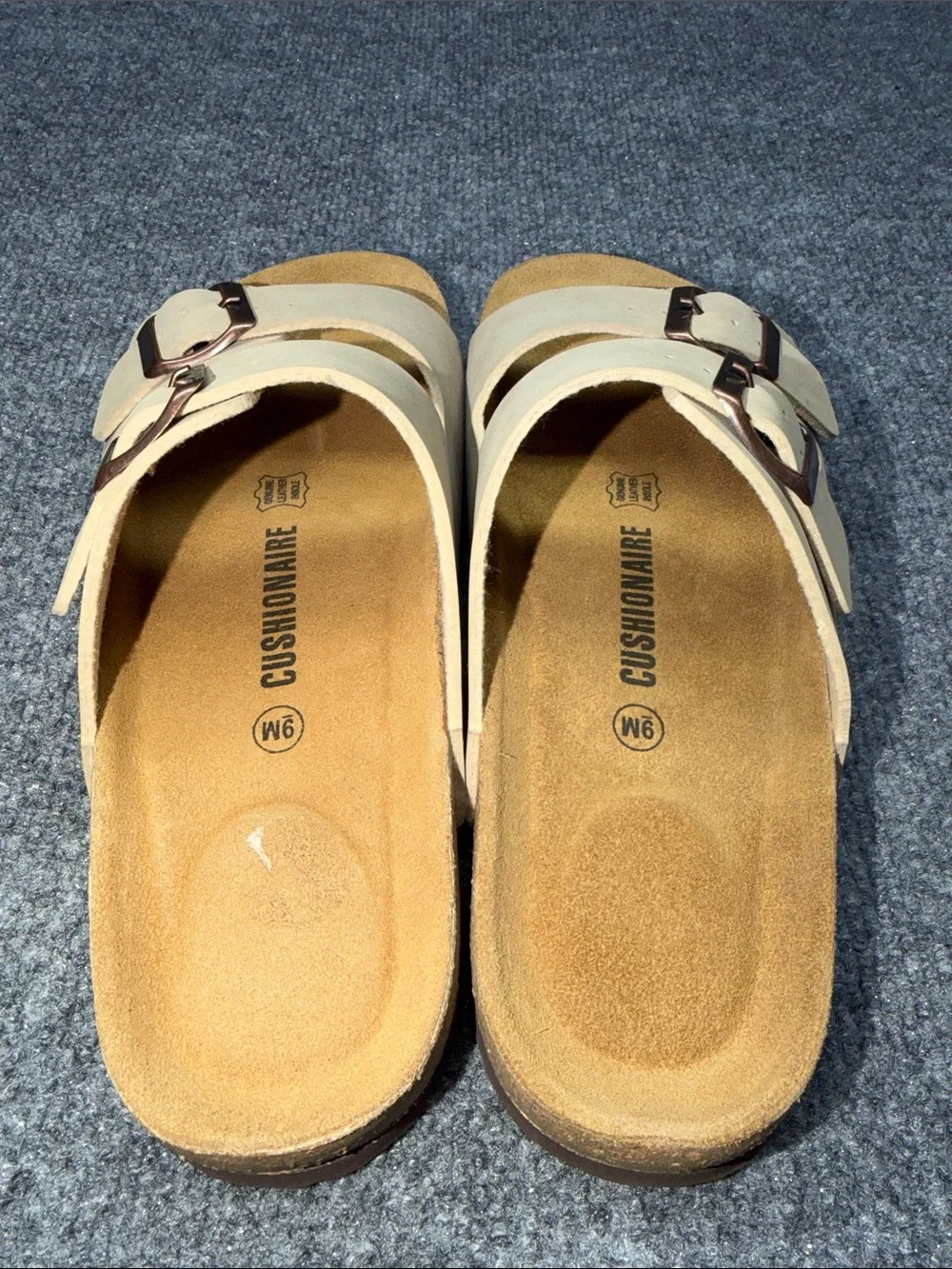 Women’s Double-Buckle Leather Slide Sandals in Beige